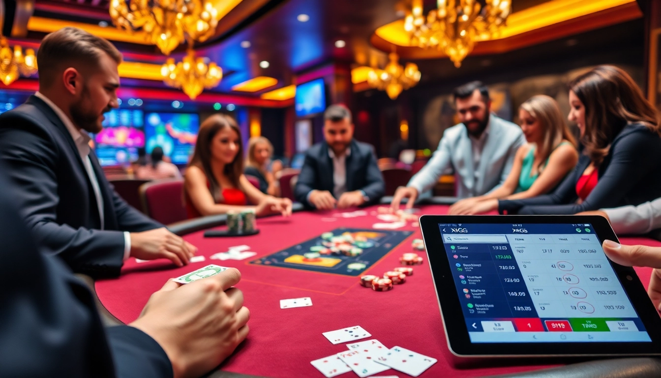 Experience the thrill of gaming at XXGG's poker table with vibrant chips and engaging players.