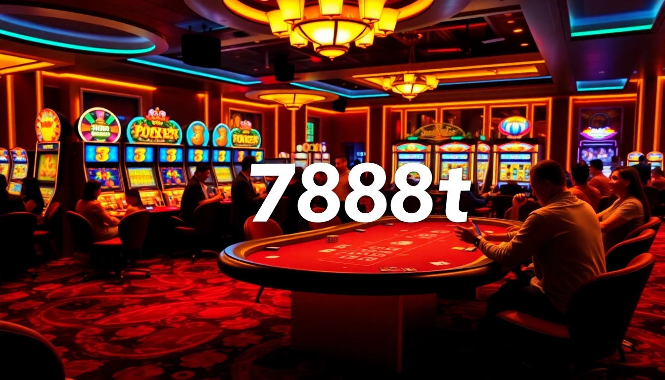 Exciting gambling scene at a luxurious casino showcasing games and a brand presence of 788t.