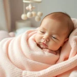 Charming babyfotografie showcasing a peaceful newborn wrapped in a soft pastel blanket.