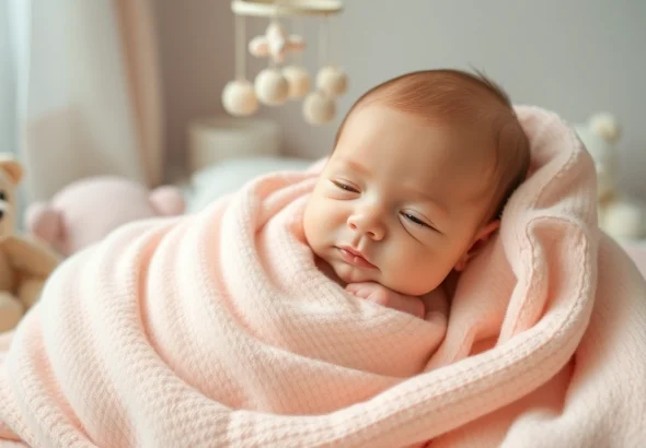 Charming babyfotografie showcasing a peaceful newborn wrapped in a soft pastel blanket.