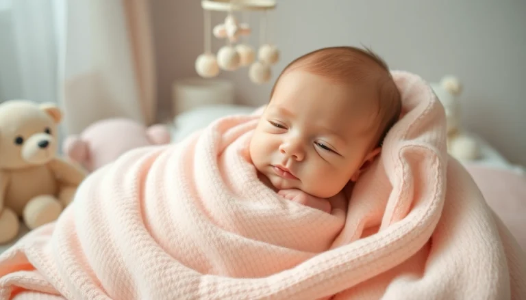 Charming babyfotografie showcasing a peaceful newborn wrapped in a soft pastel blanket.
