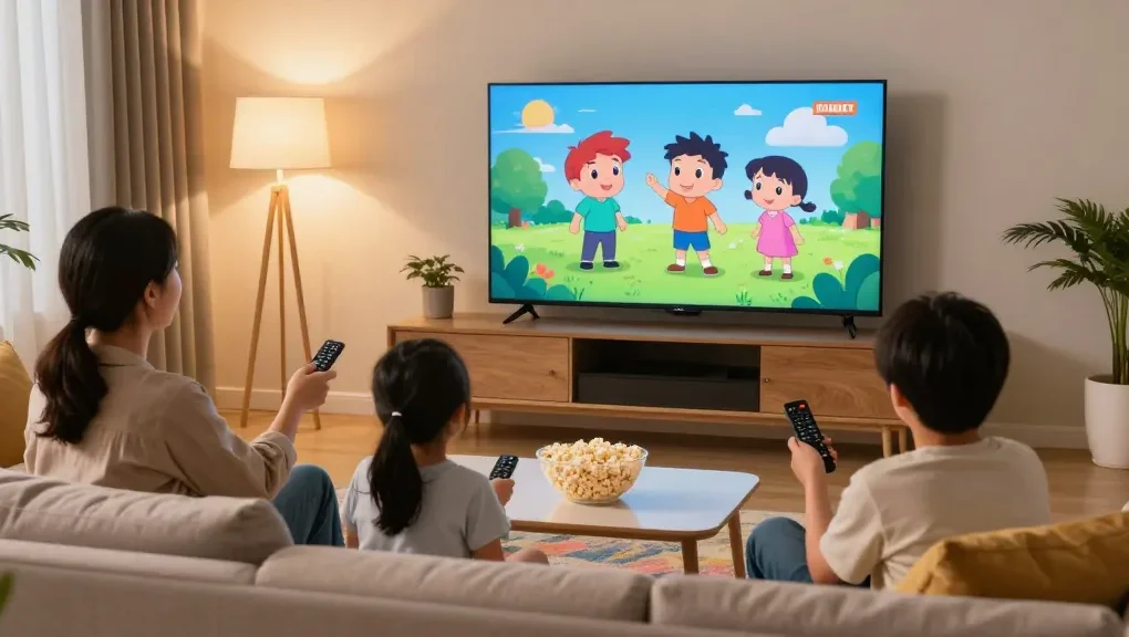 Família se divertindo com IPTV na sala de estar aconchegante.