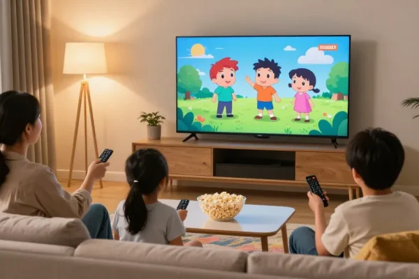 Família se divertindo com IPTV na sala de estar aconchegante.